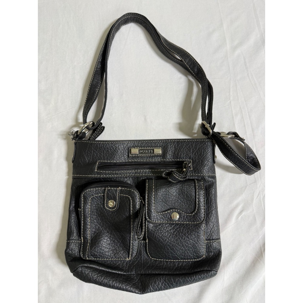 Rosetti Black Pebbled Faux Leather Crossbody Bag Multi Pocket Organizer Purse